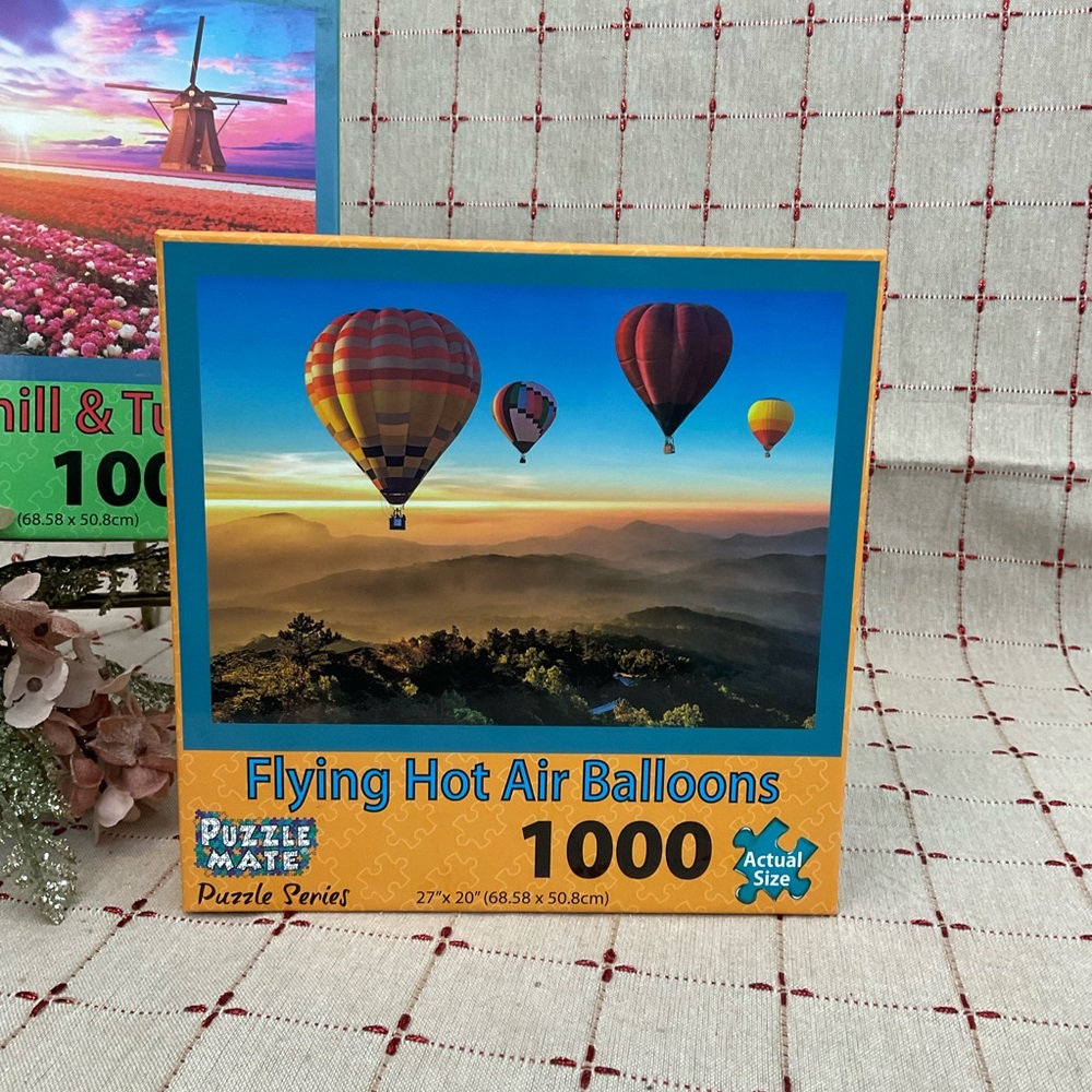 Set Of 2 Jigsaw Puzzles 1000 Pieces Each Windmill & Tulips Hot Air Balloons New - Picture 2 of 4